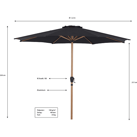 Andre Mærker Termoli Parasol Ø:300 Cm Med Krank - Sort/teak - Billede 5